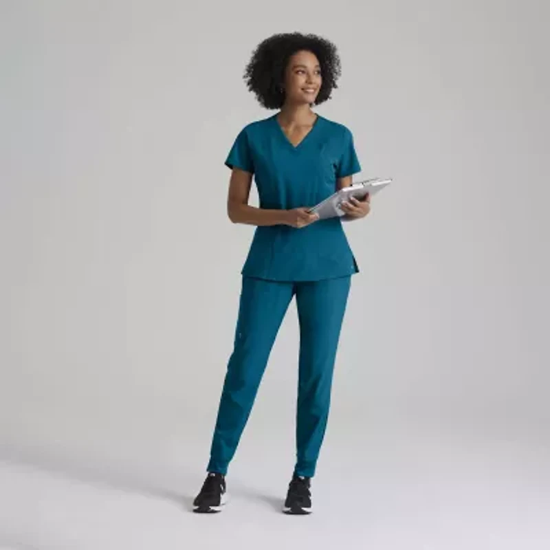 Barco One 5105 Racer 4-Pocket Womens V Neck Short Sleeve Tag Free Stretch Fabric Moisture Wicking Scrub Top