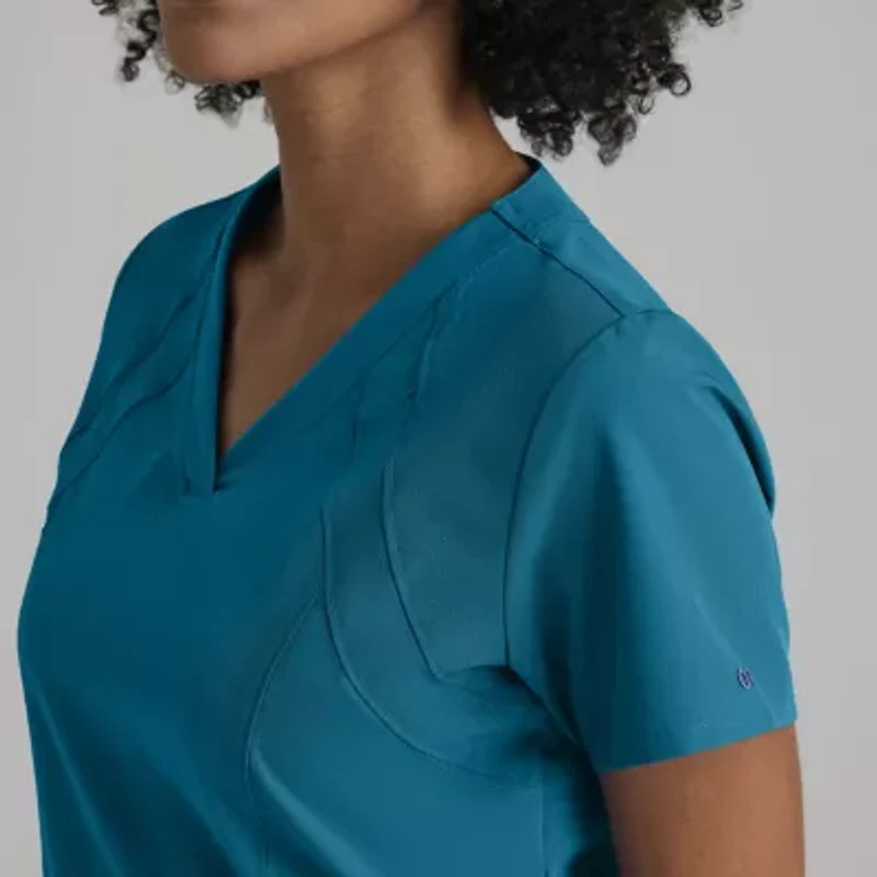 Barco One 5105 Racer 4-Pocket Womens V Neck Short Sleeve Tag Free Stretch Fabric Moisture Wicking Scrub Top