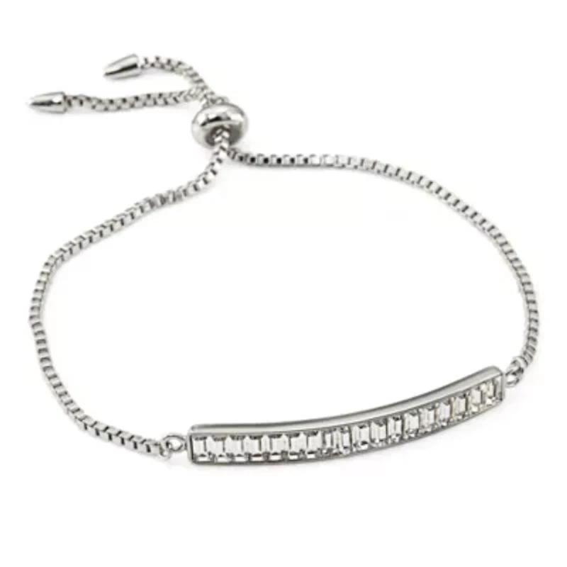 Womens White Crystal Sterling Silver Bolo Bracelet