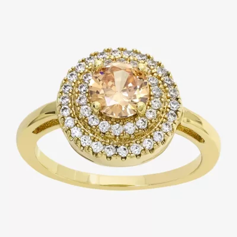 Sparkle Allure Womens Champagne Cubic Zirconia 14K Gold Over Brass Round Halo Cocktail Ring