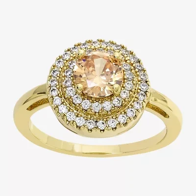 Sparkle Allure Womens Champagne Cubic Zirconia 14K Gold Over Brass Round Halo Cocktail Ring