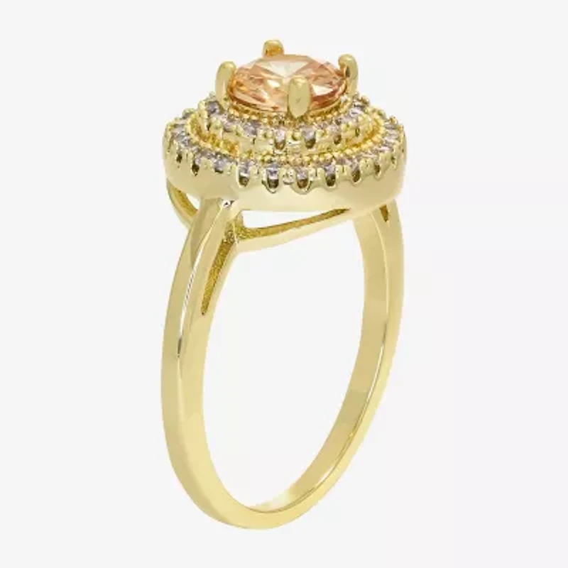 Sparkle Allure Womens Champagne Cubic Zirconia 14K Gold Over Brass Round Halo Cocktail Ring