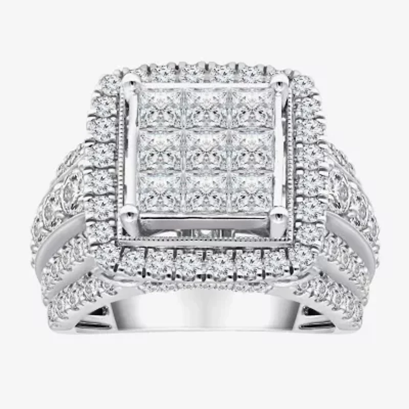 Womens 4 CT. T.W. Natural White Diamond 10K White Gold Cushion Halo Engagement Ring