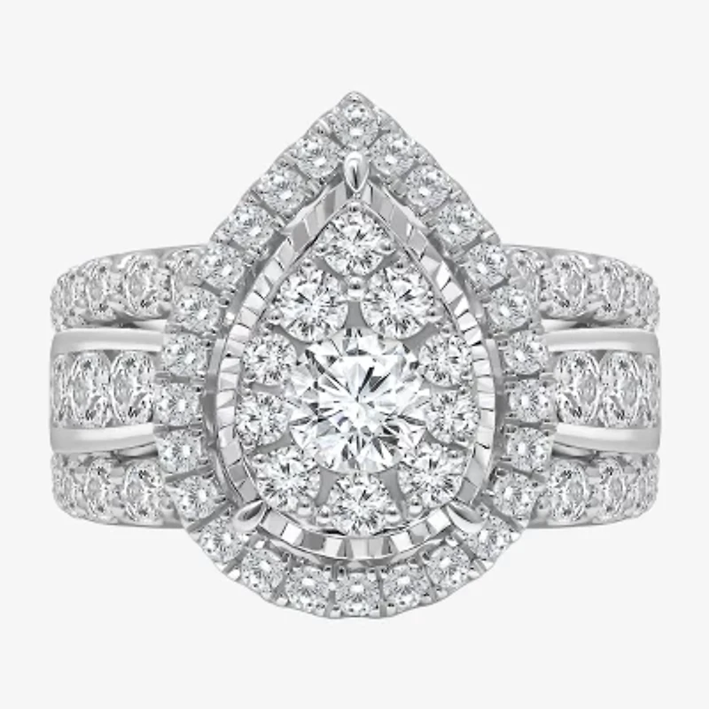 (I / I1) Womens 3 CT. T.W. Lab Grown White Diamond 10K or 14K Gold Pear Halo Engagement Ring