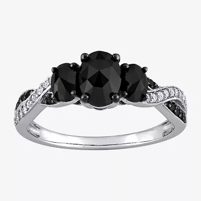 Midnight Black Womens 1 3/8 CT. T.W. Natural Diamond 10K White Gold Oval Side Stone 3-Stone Engagement Ring