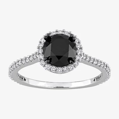 Midnight Black Womens 1 1/4 CT. T.W. Natural Diamond 14K White Gold Round Side Stone Halo Engagement Ring