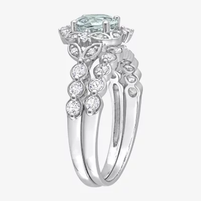 Womens Diamond Accent Genuine Blue Aquamarine 10K White Gold Round Side Stone Bridal Set