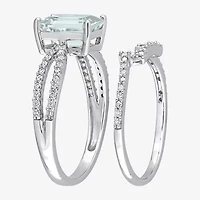 Womens 1/3 CT. T.W. Genuine Blue Aquamarine 14K White Gold Side Stone Bridal Set