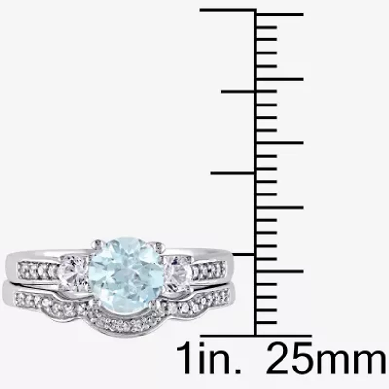 Womens 1/7 CT. T.W. Genuine Blue Aquamarine 10K White Gold Round Side Stone 3-Stone Bridal Set