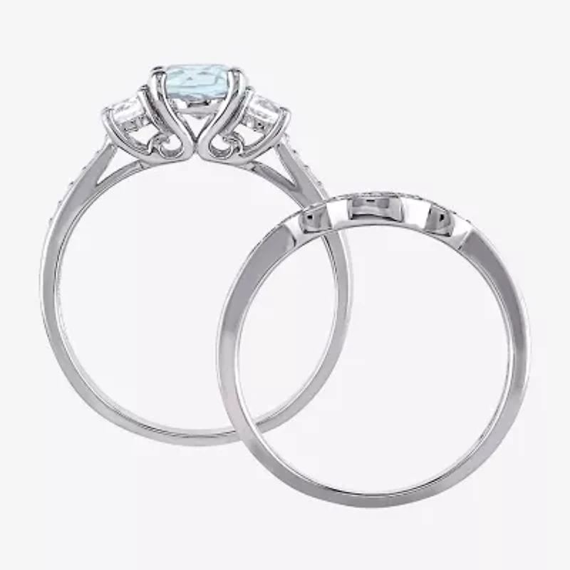 Womens 1/7 CT. T.W. Genuine Blue Aquamarine 10K White Gold Round Side Stone 3-Stone Bridal Set
