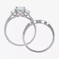 Womens 1/7 CT. T.W. Genuine Blue Aquamarine 10K White Gold Round Side Stone 3-Stone Bridal Set