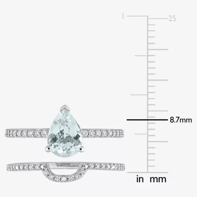 Womens 1/4 CT. T.W. Genuine Blue Aquamarine 14K White Gold Pear Side Stone Bridal Set