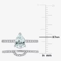 Womens 1/4 CT. T.W. Genuine Blue Aquamarine 14K White Gold Pear Side Stone Bridal Set