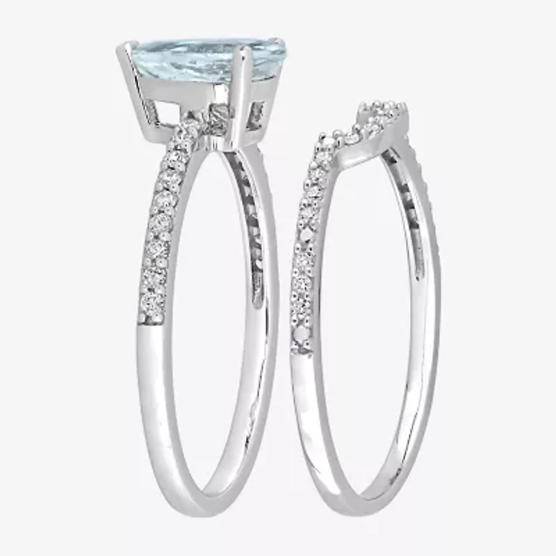 Womens 1/4 CT. T.W. Genuine Blue Aquamarine 14K White Gold Pear Side Stone Bridal Set