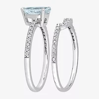 Womens 1/4 CT. T.W. Genuine Blue Aquamarine 14K White Gold Pear Side Stone Bridal Set