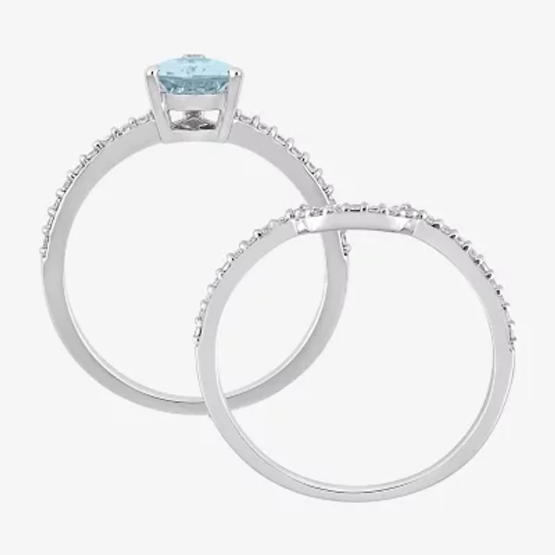Womens 1/4 CT. T.W. Genuine Blue Aquamarine 14K White Gold Pear Side Stone Bridal Set