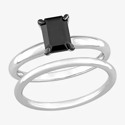 Womens 1 CT. Natural Black Diamond 14K White Gold Solitaire Bridal Set