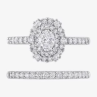 Womens 1 CT. T.W. Natural White Diamond 14K Gold Oval Side Stone Halo Bridal Set