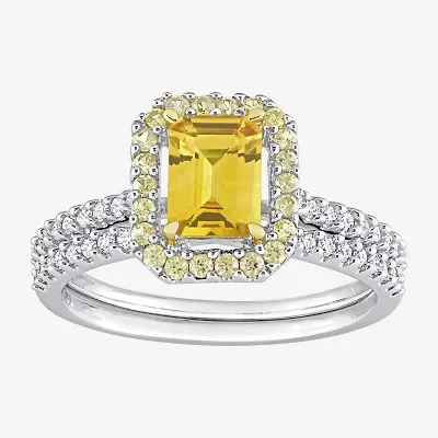 Womens 1/4 CT. T.W. Genuine Yellow Sapphire 14K White Gold Side Stone Halo Bridal Set