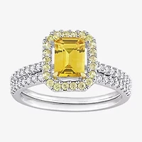 Womens 1/4 CT. T.W. Genuine Yellow Sapphire 14K White Gold Side Stone Halo Bridal Set