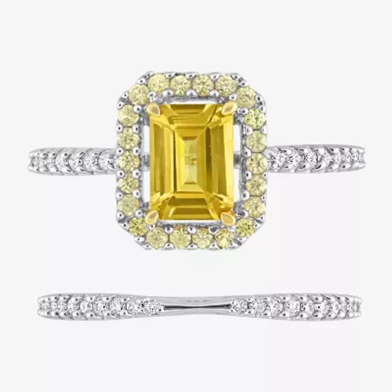 Womens 1/4 CT. T.W. Genuine Yellow Sapphire 14K White Gold Side Stone Halo Bridal Set