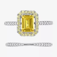 Womens 1/4 CT. T.W. Genuine Yellow Sapphire 14K White Gold Side Stone Halo Bridal Set
