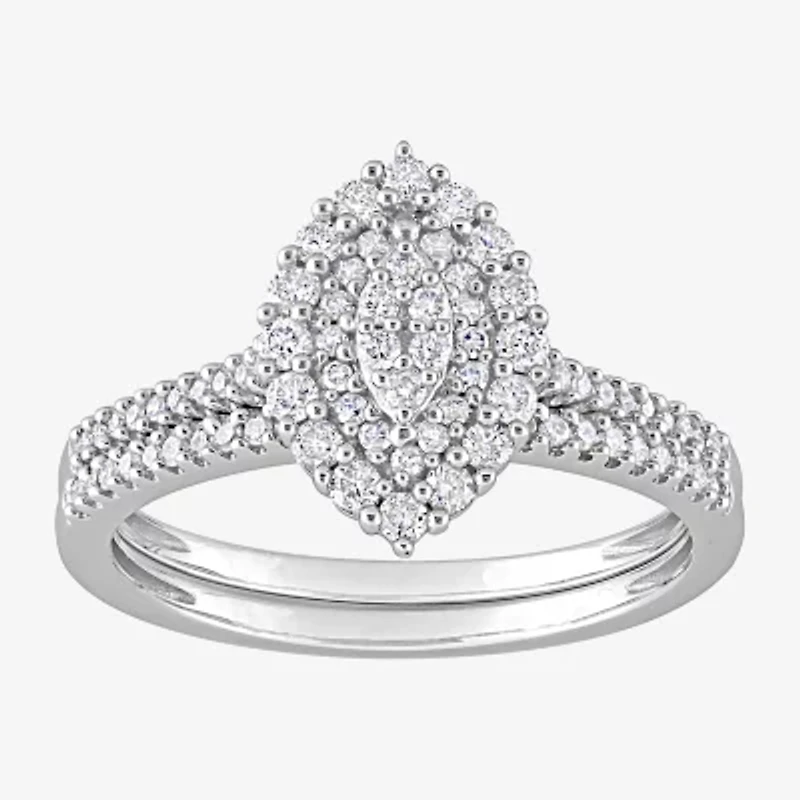 Womens 1/2 CT. T.W. Natural White Diamond 10K Gold Marquise Side Stone Halo Bridal Set