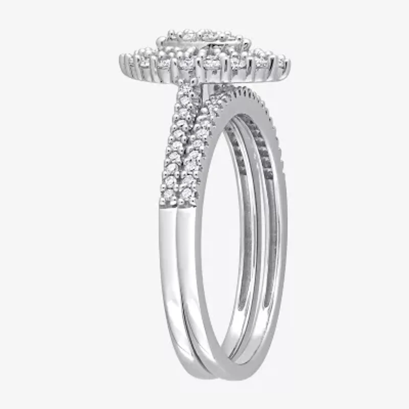 Womens 1/2 CT. T.W. Natural White Diamond 10K Gold Marquise Side Stone Halo Bridal Set