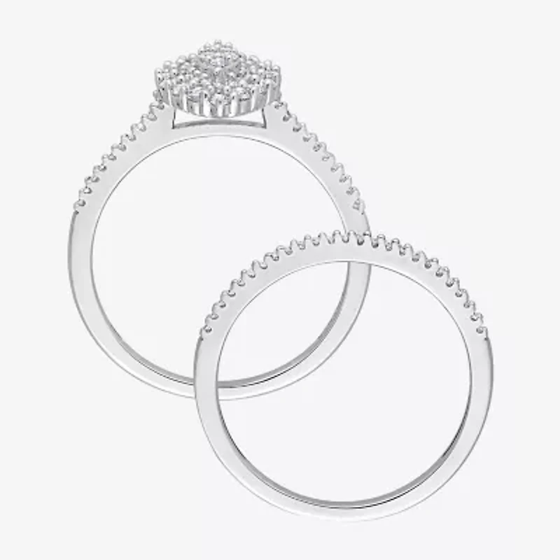 Womens 1/2 CT. T.W. Natural White Diamond 10K Gold Marquise Side Stone Halo Bridal Set