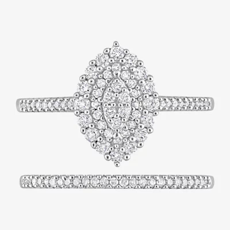 Womens 1/2 CT. T.W. Natural White Diamond 10K Gold Marquise Side Stone Halo Bridal Set