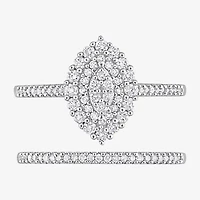 Womens 1/2 CT. T.W. Natural White Diamond 10K Gold Marquise Side Stone Halo Bridal Set