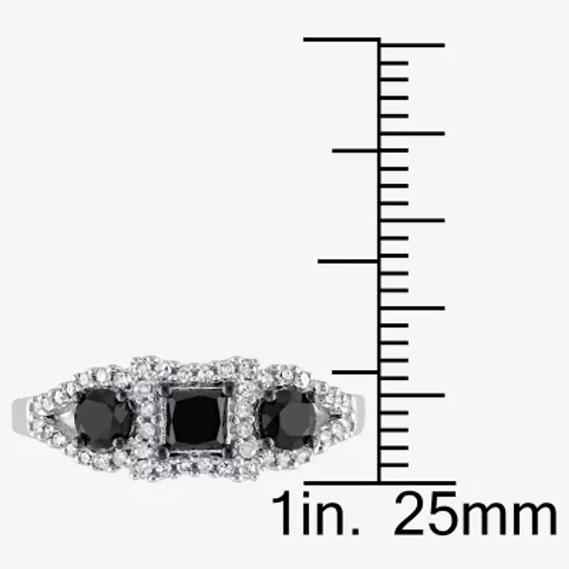 Midnight Black Womens 1 CT. T.W. Natural Diamond 10K White Gold 3-Stone Halo Engagement Ring