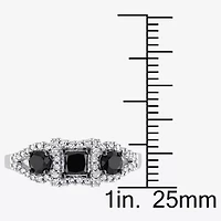Midnight Black Womens 1 CT. T.W. Natural Diamond 10K White Gold 3-Stone Halo Engagement Ring