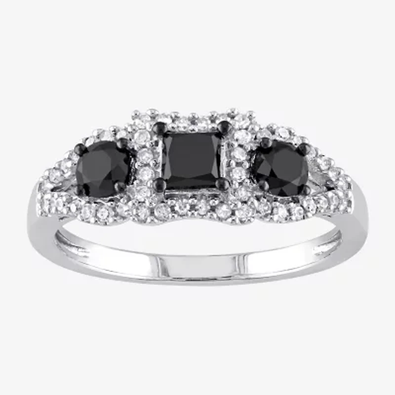 Midnight Black Womens 1 CT. T.W. Natural Diamond 10K White Gold 3-Stone Halo Engagement Ring