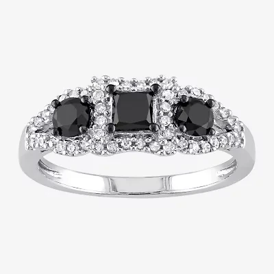 Midnight Black Womens 1 CT. T.W. Natural Diamond 10K White Gold 3-Stone Halo Engagement Ring