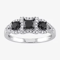 Midnight Black Womens 1 CT. T.W. Natural Diamond 10K White Gold 3-Stone Halo Engagement Ring