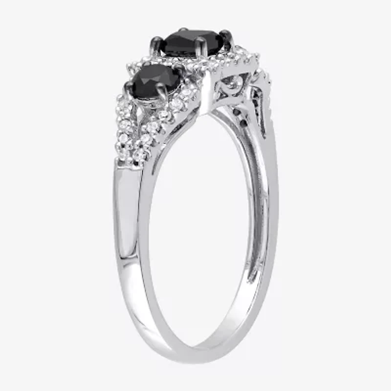 Midnight Black Womens 1 CT. T.W. Natural Diamond 10K White Gold 3-Stone Halo Engagement Ring