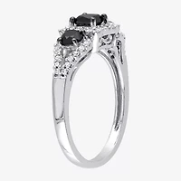 Midnight Black Womens 1 CT. T.W. Natural Diamond 10K White Gold 3-Stone Halo Engagement Ring
