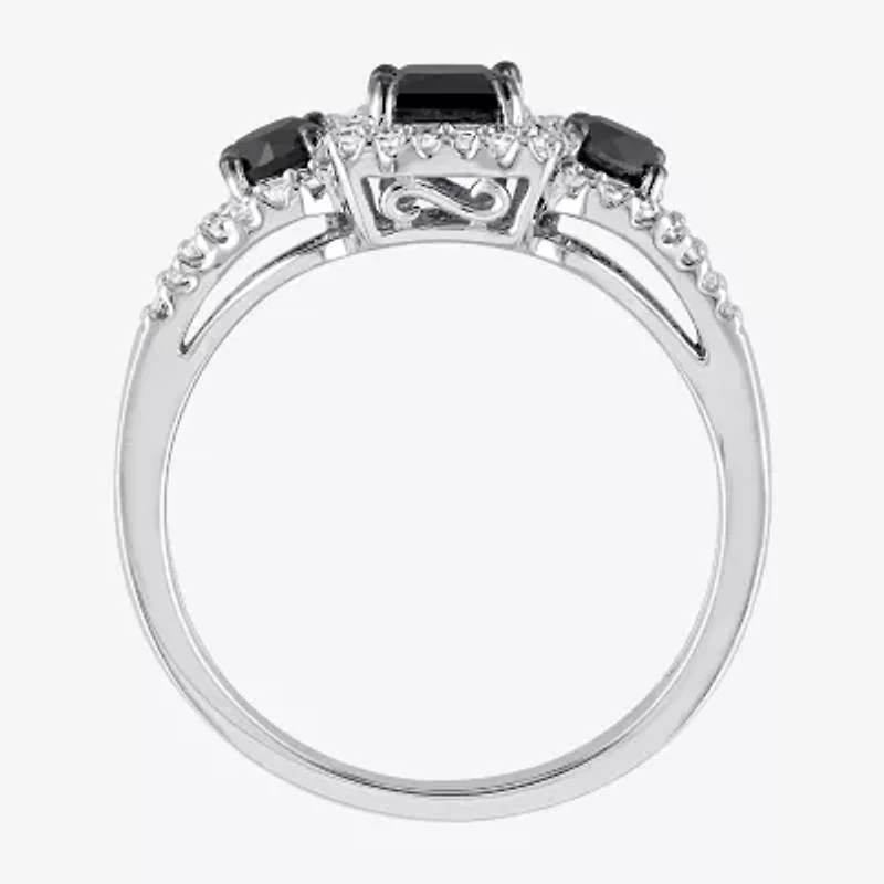 Midnight Black Womens 1 CT. T.W. Natural Diamond 10K White Gold 3-Stone Halo Engagement Ring