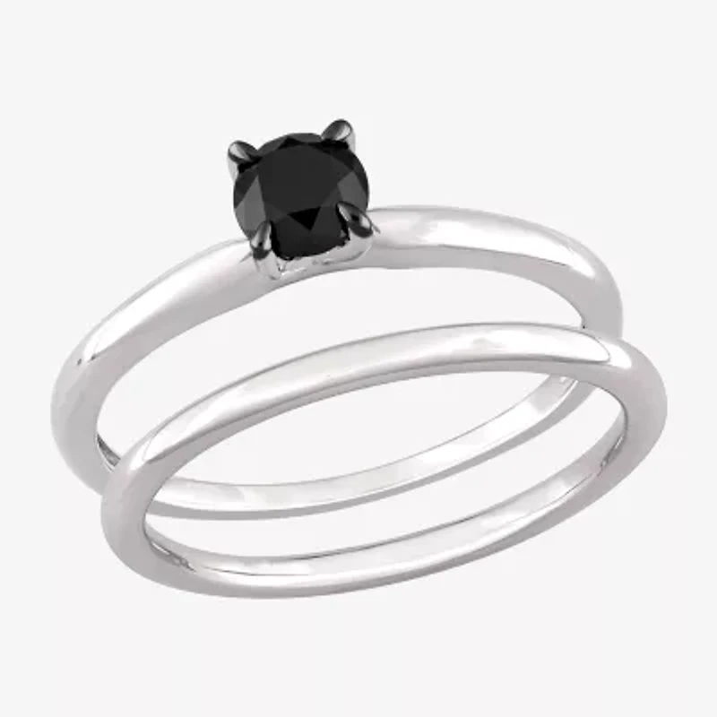 Womens 1/2 CT. Natural Black Diamond 10K White Gold Round Solitaire Bridal Set