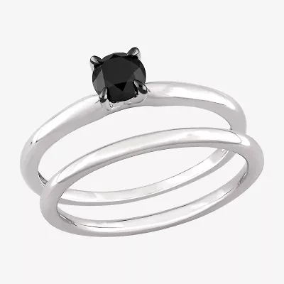 Womens 1/2 CT. Natural Black Diamond 10K White Gold Round Solitaire Bridal Set