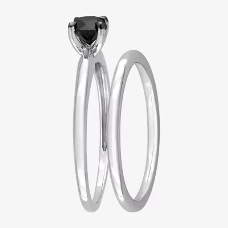 Womens 1/2 CT. Natural Black Diamond 10K White Gold Round Solitaire Bridal Set