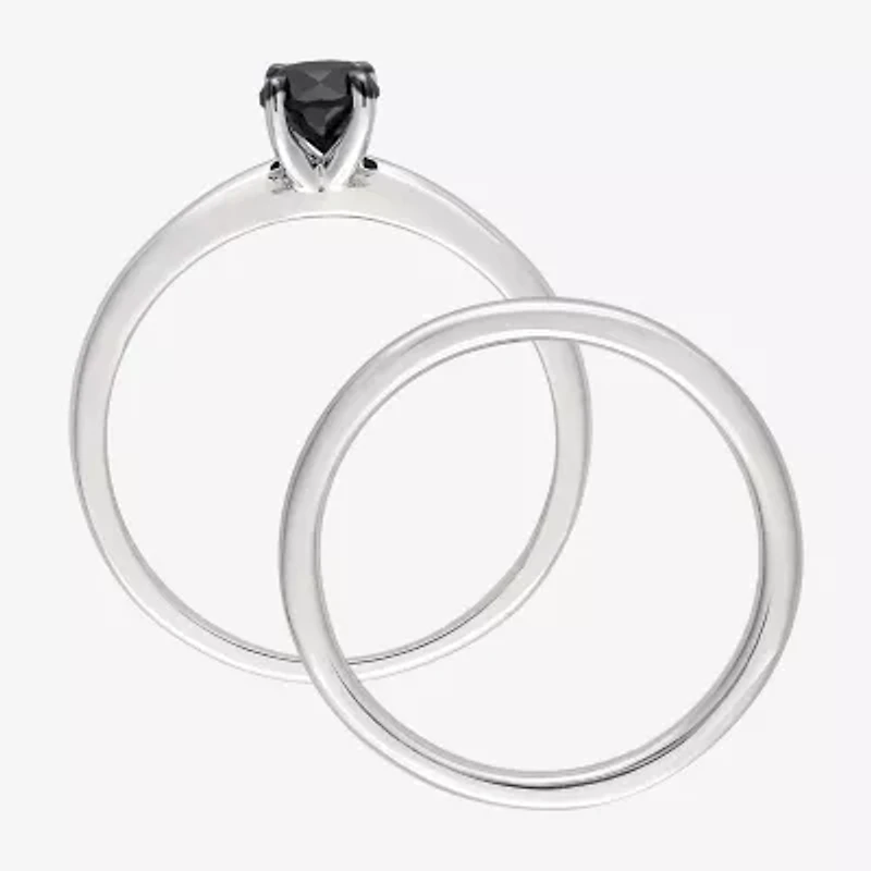 Womens 1/2 CT. Natural Black Diamond 10K White Gold Round Solitaire Bridal Set