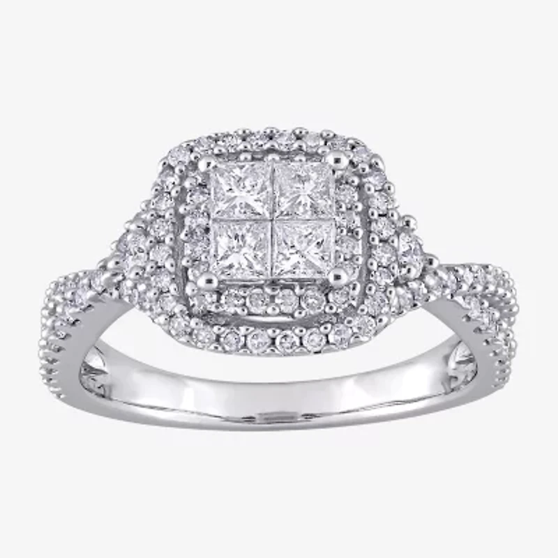 Womens 1 CT. T.W. Natural White Diamond 10K Gold Cushion Side Stone Halo Engagement Ring