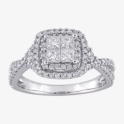 Womens 1 CT. T.W. Natural White Diamond 10K Gold Cushion Side Stone Halo Engagement Ring