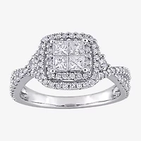 Womens 1 CT. T.W. Natural White Diamond 10K Gold Cushion Side Stone Halo Engagement Ring
