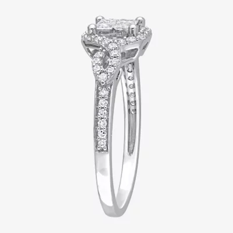 Womens 1/2 CT. T.W. Natural White Diamond 10K Gold Cushion Side Stone Crossover Engagement Ring