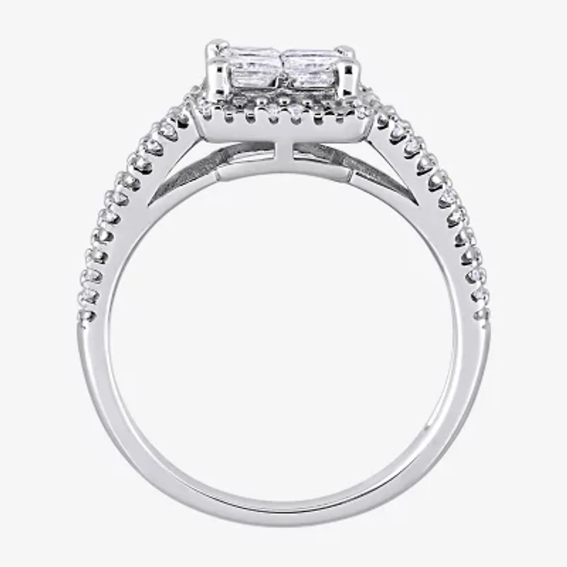 Womens 1 CT. T.W. Natural White Diamond 10K Gold Side Stone Halo Engagement Ring