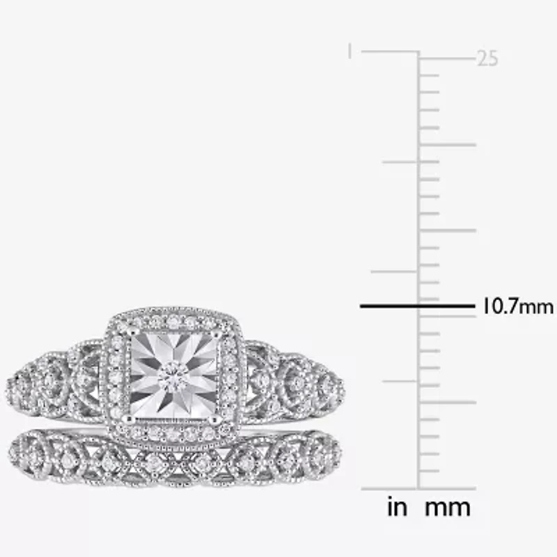 Womens 1/3 CT. T.W. Natural White Diamond Sterling Silver Cushion Halo Bridal Set
