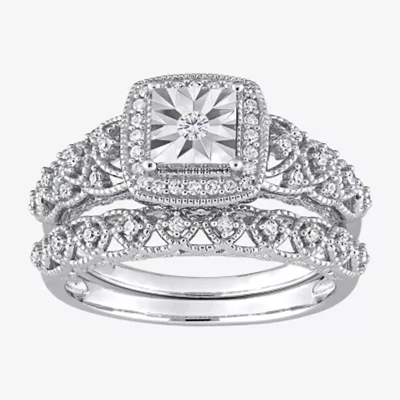 Womens 1/3 CT. T.W. Natural White Diamond Sterling Silver Cushion Halo Bridal Set